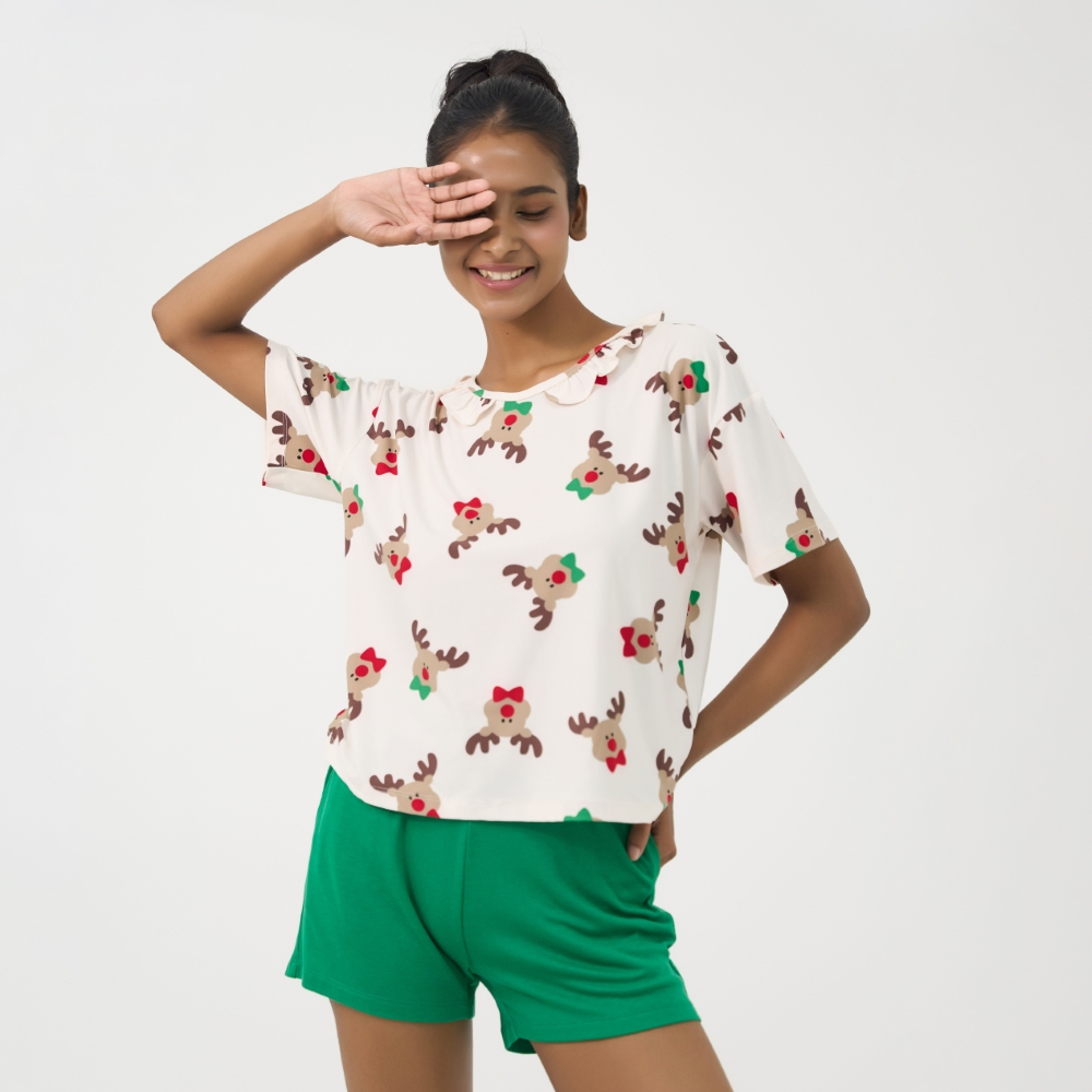 Ảnh Bộ short thun thoáng mát, áo hình tuần lộc quần xanh lá, phong cách trẻ trung cho mùa Noel BST070W41 1