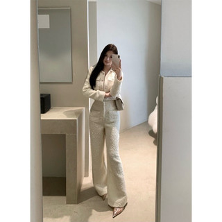 Set dạ tweed áo khoác dài tay phối khuy đồng mix quần cạp cao ống suông trắng sang chảnh