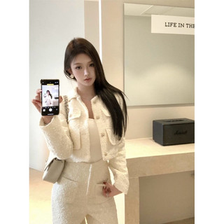 Set dạ tweed áo khoác dài tay phối khuy đồng mix quần cạp cao ống suông trắng sang chảnh