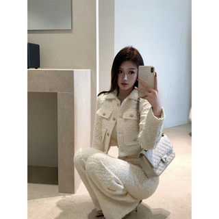 Set dạ tweed áo khoác dài tay phối khuy đồng mix quần cạp cao ống suông trắng sang chảnh