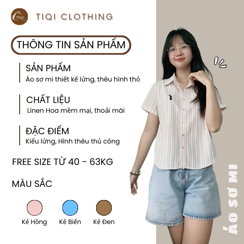 Áo Sơ Mi Kẻ Sọc Thêu Thỏ Dáng Lửng Vừa Vặn, Sơ Mi Chất Linen Hoa Mềm mại Freesize TiQi Clothing