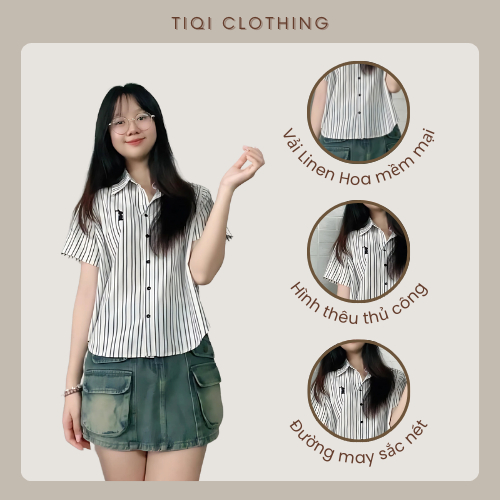 Áo Sơ Mi Kẻ Sọc Thêu Thỏ Dáng Lửng Vừa Vặn, Sơ Mi Chất Linen Hoa Mềm mại Freesize TiQi Clothing