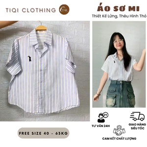 Áo Sơ Mi Kẻ Sọc Thêu Thỏ Dáng Lửng Vừa Vặn, Sơ Mi Chất Linen Hoa Mềm mại Freesize TiQi Clothing