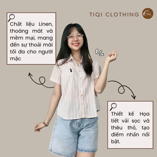Áo Sơ Mi Kẻ Sọc Thêu Thỏ Dáng Lửng Vừa Vặn, Sơ Mi Chất Linen Hoa Mềm mại Freesize TiQi Clothing