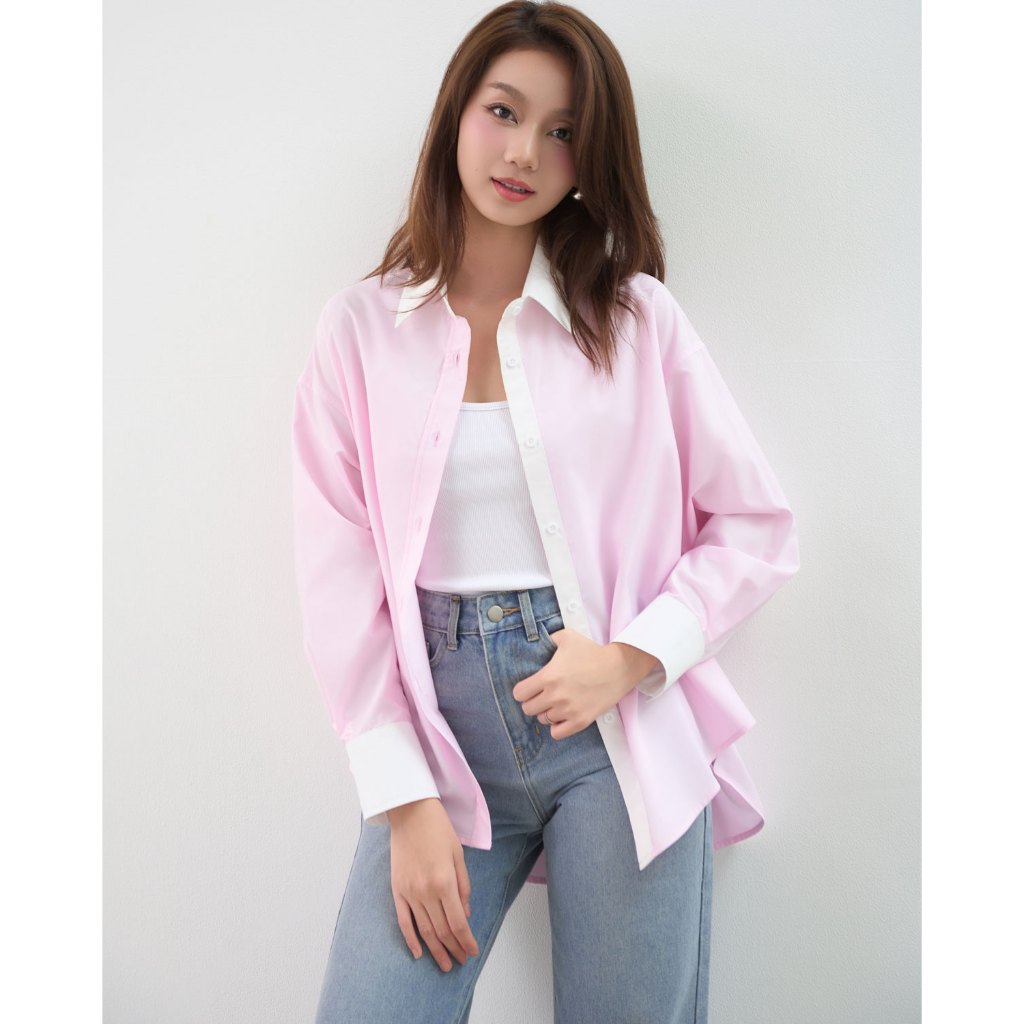 Ảnh Áo sơ mi nữ GILLEE phối cổ và tay áo trắng, dáng oversized, sơ mi form rộng vải kate lụa FAS351 4