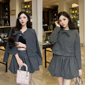 Set Dạ Len Ép 2 Lớp Dày Dặn Áo Khoác Cúc Bọc Kèm Nơ Mix Chân Váy Bí Phồng Siêu Xinh