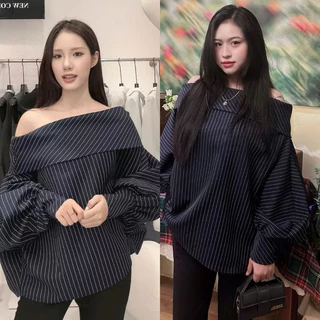 [ SẴN ]: Áo Kẻ Xanh Than Trễ Vai Tay Bồng Cách Điệu Mix Đồ Cực Xinh, item Hot Trend (Ảnh Thật Trải Sàn) Lollaye