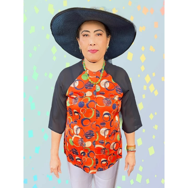 NaShop - Áo bà ba lụa Satin tay raglan lỡ big size 62-65kg, cổ tròn, thân hoa phối tay voan, áo bà ba truyền thống, áo b
