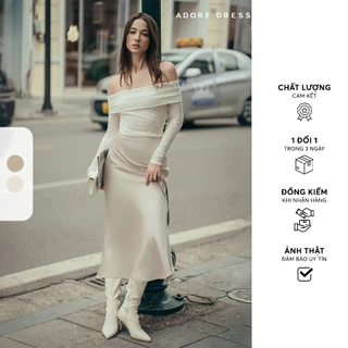 412DR3022 - Đầm maxi phối lụa be tùng ren thêu trắng ADORE DRESS