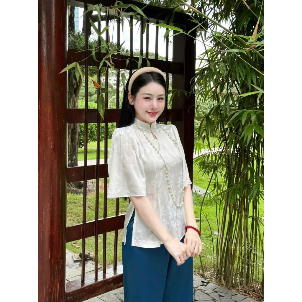Đồ lam đi chùa nữ bộ pháp phục cổ tàu giọt lệ thêu hoa anh đào mặc đi lễ chùa - Pháp Phục Tịnh Tâm