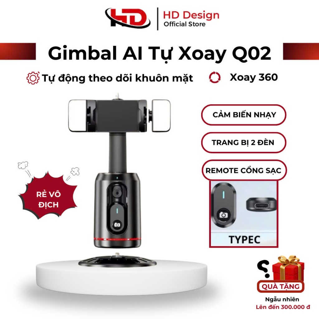 Giá Đỡ Điện Thoại Gimbal Q02  - AI Thông Minh Tự Theo Dõi Khuôn Mặt -Chính Hãng HD Design