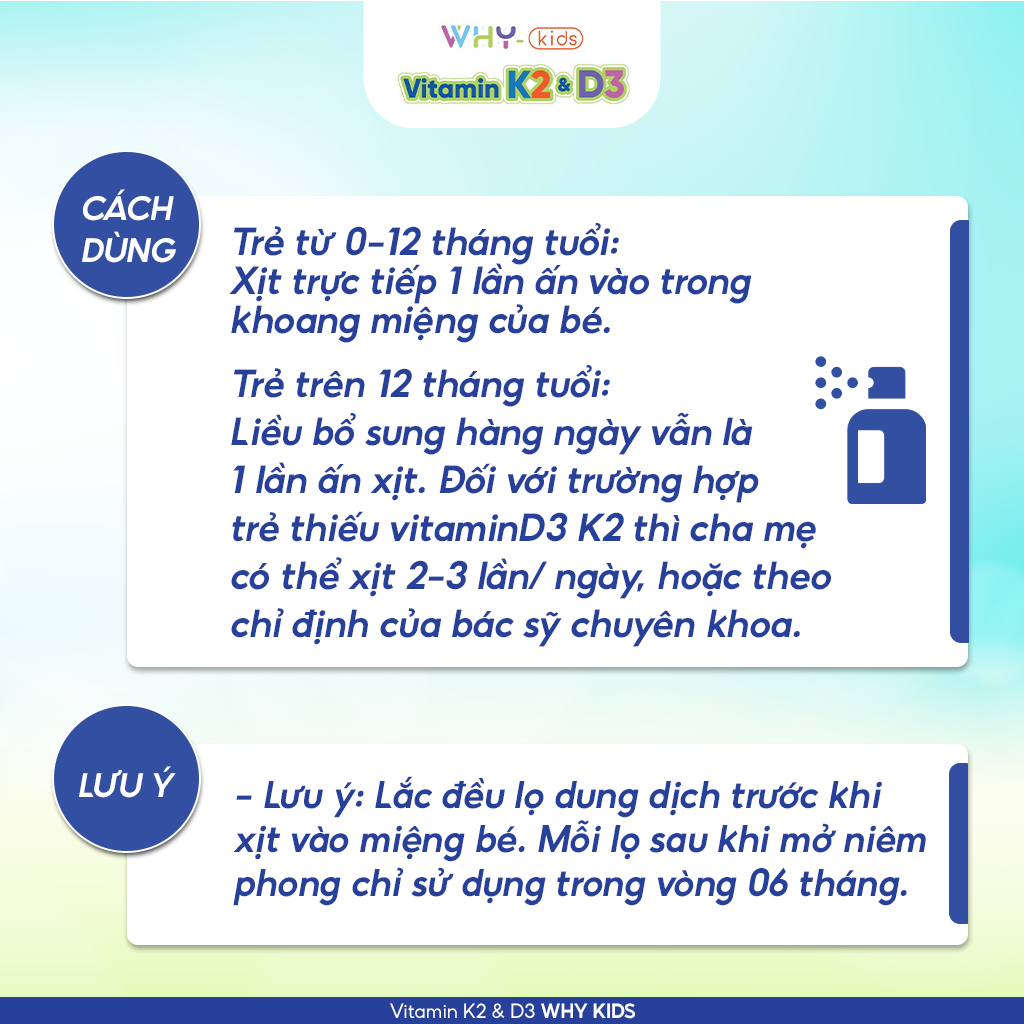Vitamin Whykids D3K2 Dạng Xịt Giúp Bé Hấp Thụ Canxi Hỗ Trợ Phát Triển Chiều Cao - Chai 15ml
