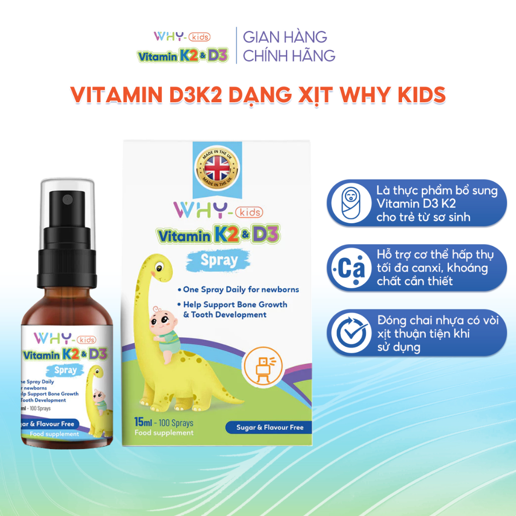 Vitamin Whykids D3K2 Dạng Xịt Giúp Bé Hấp Thụ Canxi Hỗ Trợ Phát Triển Chiều Cao - Chai 15ml