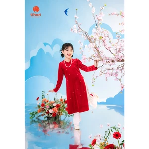 Áo dài tết bé gái TIHON chất liệu nhung the phối quần lụa mềm mại phong cách truyền thống SET0760216