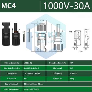 Ảnh 2 – Cặp Jack Nối MC4 1000V 1500V TEKI, Kết Nối Tấm Pin Năng Lượng Mặt Trời, Lõi Đồng, Chống Nước IP67, Dòng 30A