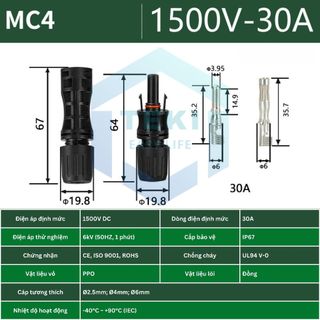 Ảnh 3 – Cặp Jack Nối MC4 1000V 1500V TEKI, Kết Nối Tấm Pin Năng Lượng Mặt Trời, Lõi Đồng, Chống Nước IP67, Dòng 30A