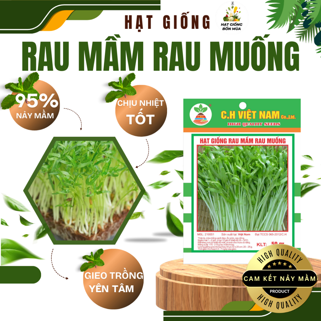 Hạt giống rau muống mầm, ăn giòn, ăn ngọt, hạt giống rau 7 ngày gói 50 ...
