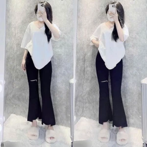 Sét Bộ Nữ Quần Ống Loe Umi Cạp Cao Co Dãn + Mix Áo Phông Cổ Tim Trơn Thụng Form Rộng Cotton Su