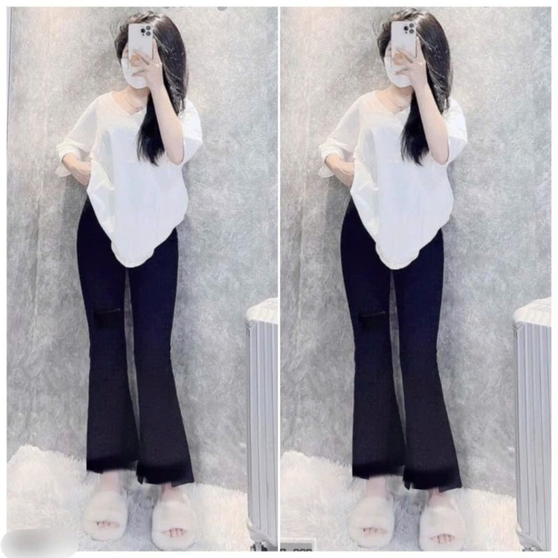 Sét Bộ Nữ Quần Ống Loe Umi Cạp Cao Co Dãn + Mix Áo Phông Cổ Tim Trơn Thụng  Form Rộng Cotton Su