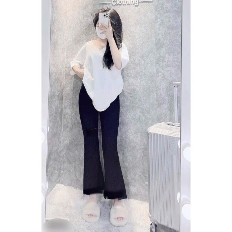 Sét Bộ Nữ Quần Ống Loe Umi Cạp Cao Co Dãn + Mix Áo Phông Cổ Tim Trơn Thụng  Form Rộng Cotton Su