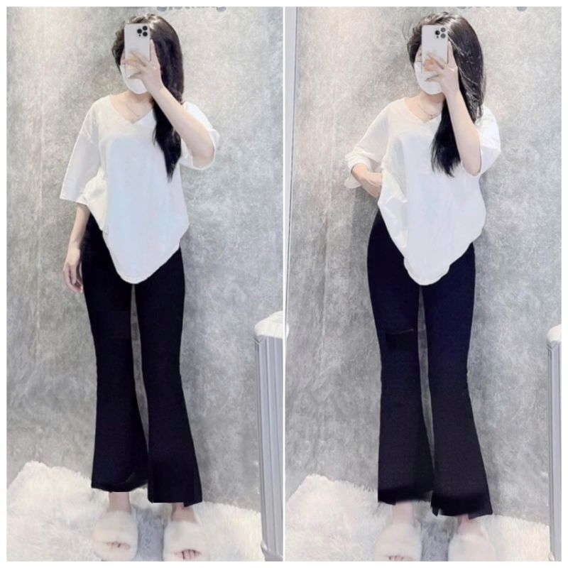 Sét Bộ Nữ Quần Ống Loe Umi Cạp Cao Co Dãn + Mix Áo Phông Cổ Tim Trơn Thụng  Form Rộng Cotton Su