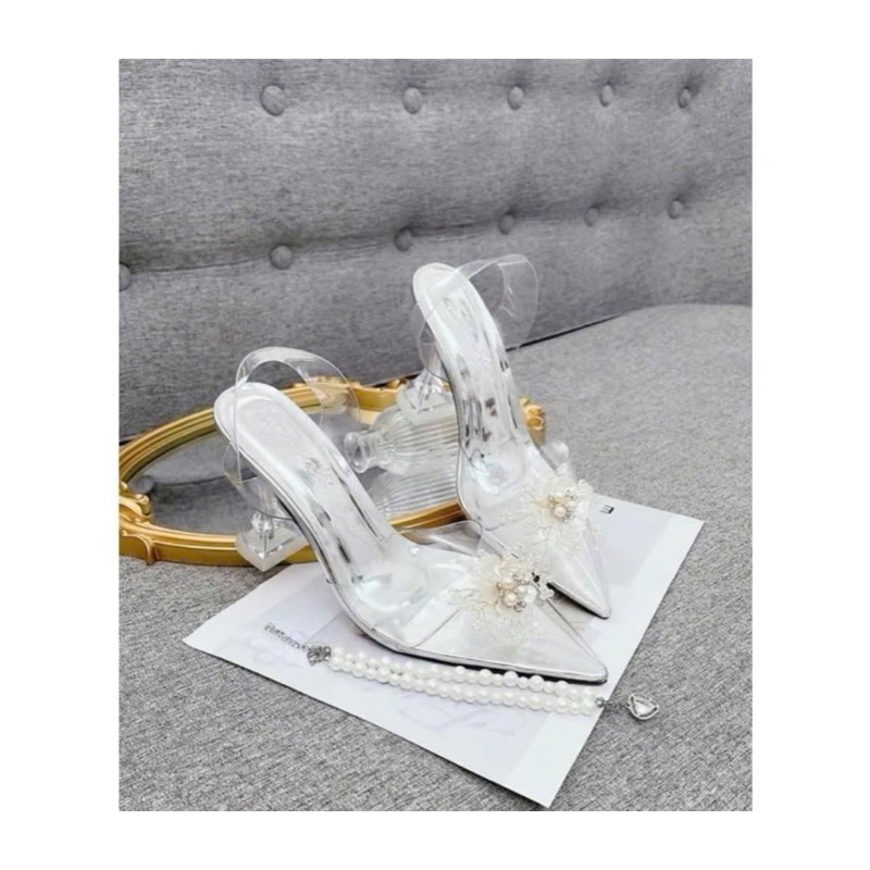 Giầy trong suốt đính hoa, guốc mũi nhọn 7p dự tiệc đi chơi tiện lợi