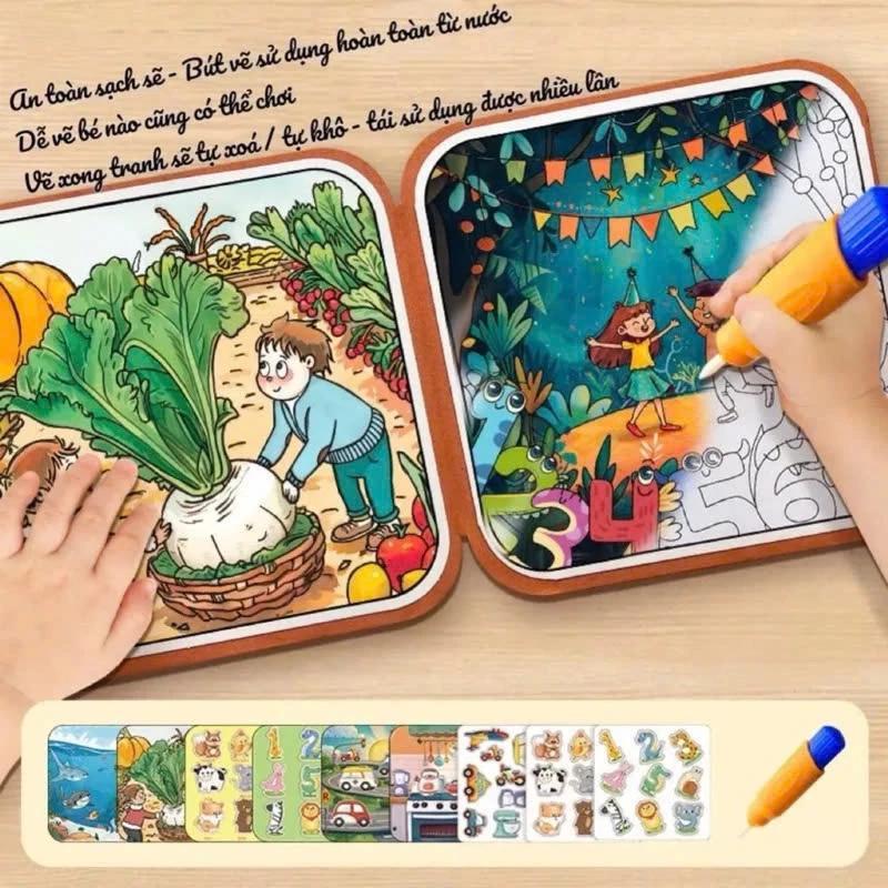 Đồ chơi cuốn sổ ma thuật Montessori vẽ tranh bằng nước kèm bóc dán thông minh tư duy cho bé