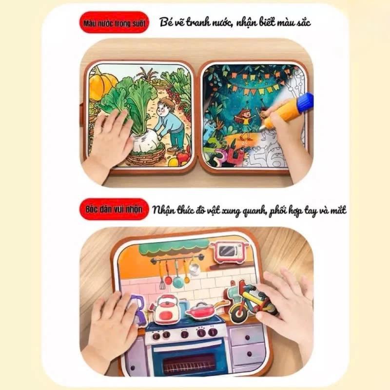 Đồ chơi cuốn sổ ma thuật Montessori vẽ tranh bằng nước kèm bóc dán thông minh tư duy cho bé