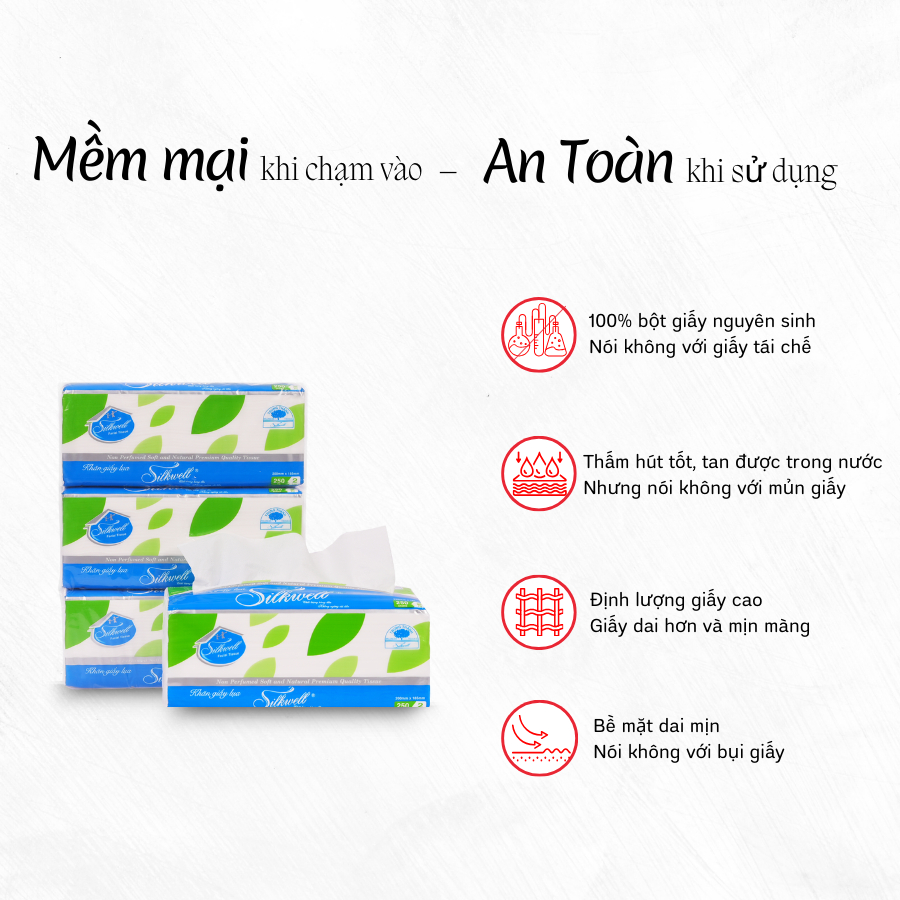 Bịch 36 gói Khăn giấy rút lụa Silkwell 250 tờ 2 lớp mềm mại, chất giấy mềm mịn, siêu dai, không mủn