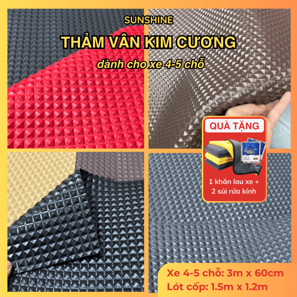 Thảm cao su vân kim cương lót sàn xe 4-5 chỗ kích thước 3m x 60cm và 1.5m x 1.2m dày dặn sạch sẽ