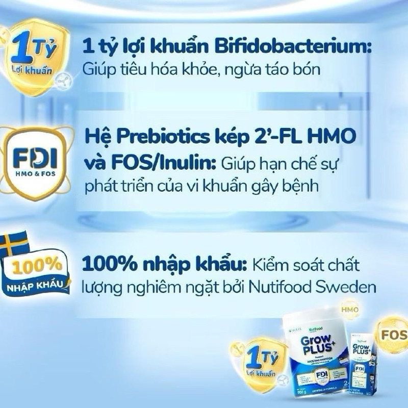 Sữa Bột Nutifood Growplus Xanh Nhạt 0+ Lon 800g [Tiêu Hoá Khoẻ]