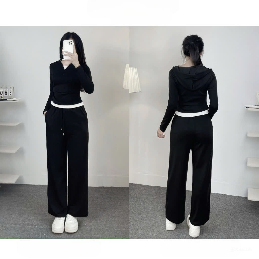 Bộ nỉ thu đông nữ phong cách basic năng động Jumito, bộ thu đông nữ áo nón dây kéo quần lưng cao dáng rộng hcom3222