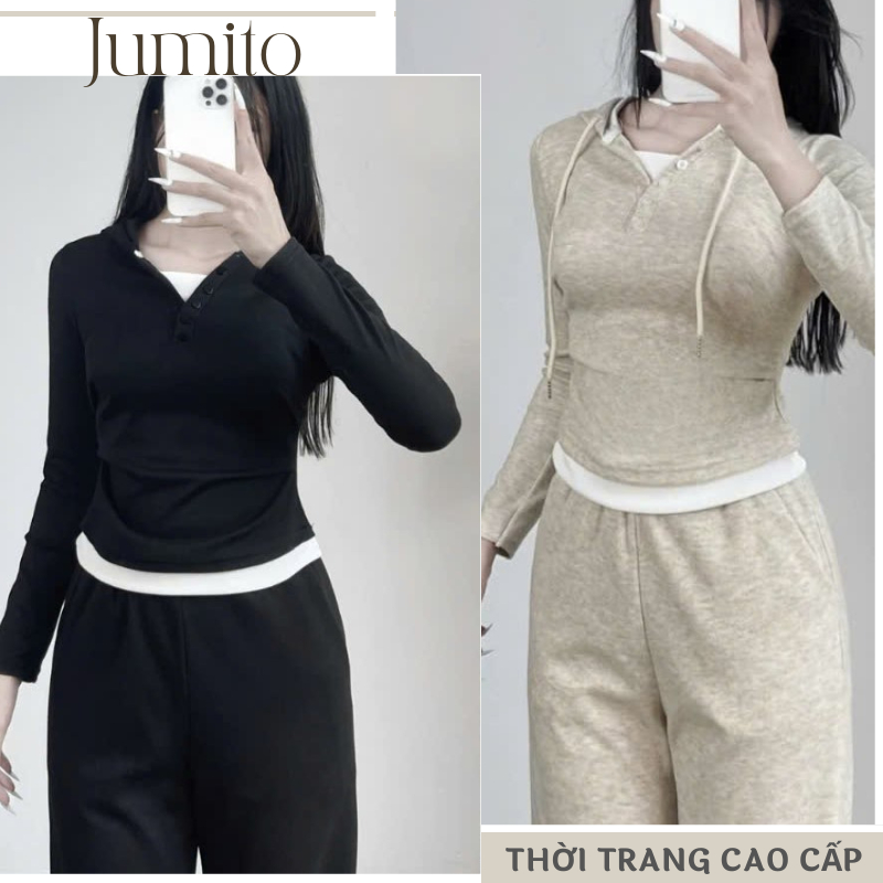 Bộ nỉ thu đông nữ phong cách basic năng động Jumito, bộ thu đông nữ áo nón dây kéo quần lưng cao dáng rộng hcom3222