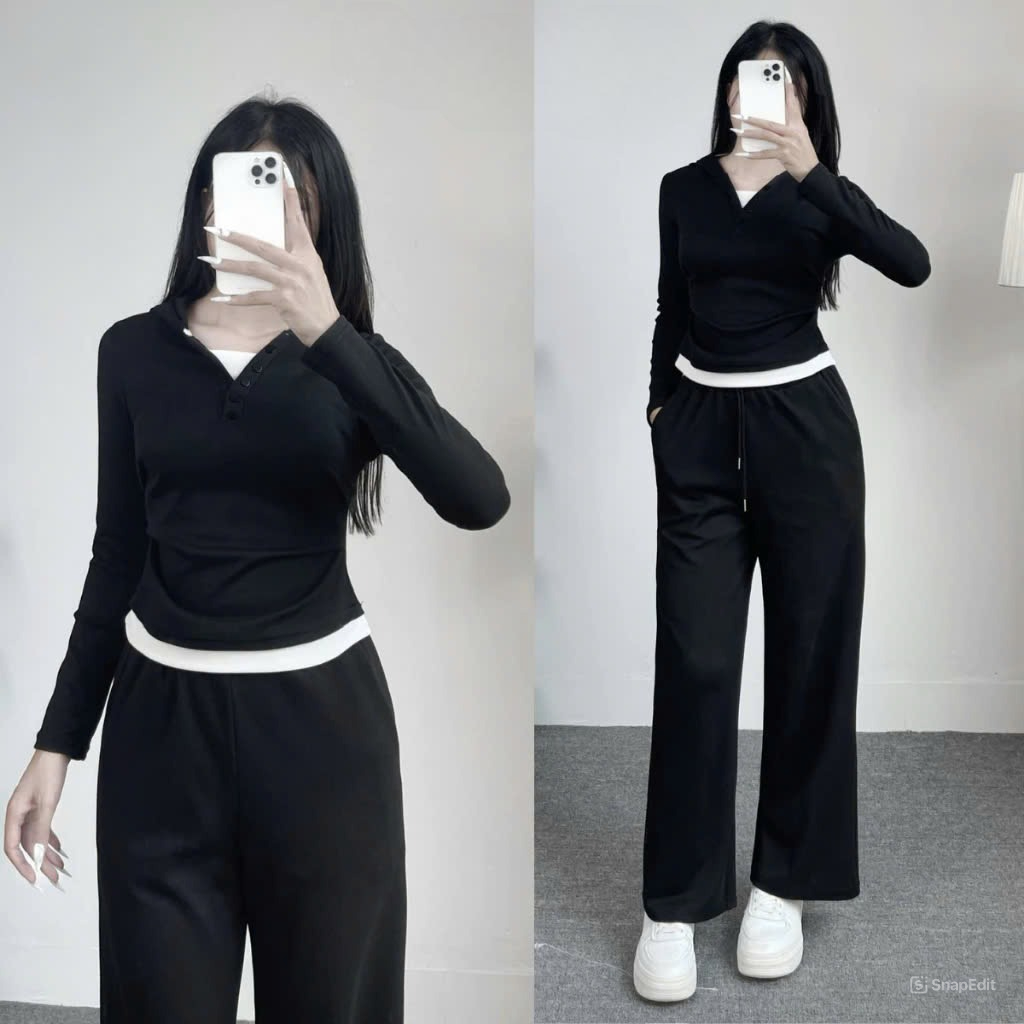 Bộ nỉ thu đông nữ phong cách basic năng động Jumito, bộ thu đông nữ áo nón dây kéo quần lưng cao dáng rộng hcom3222