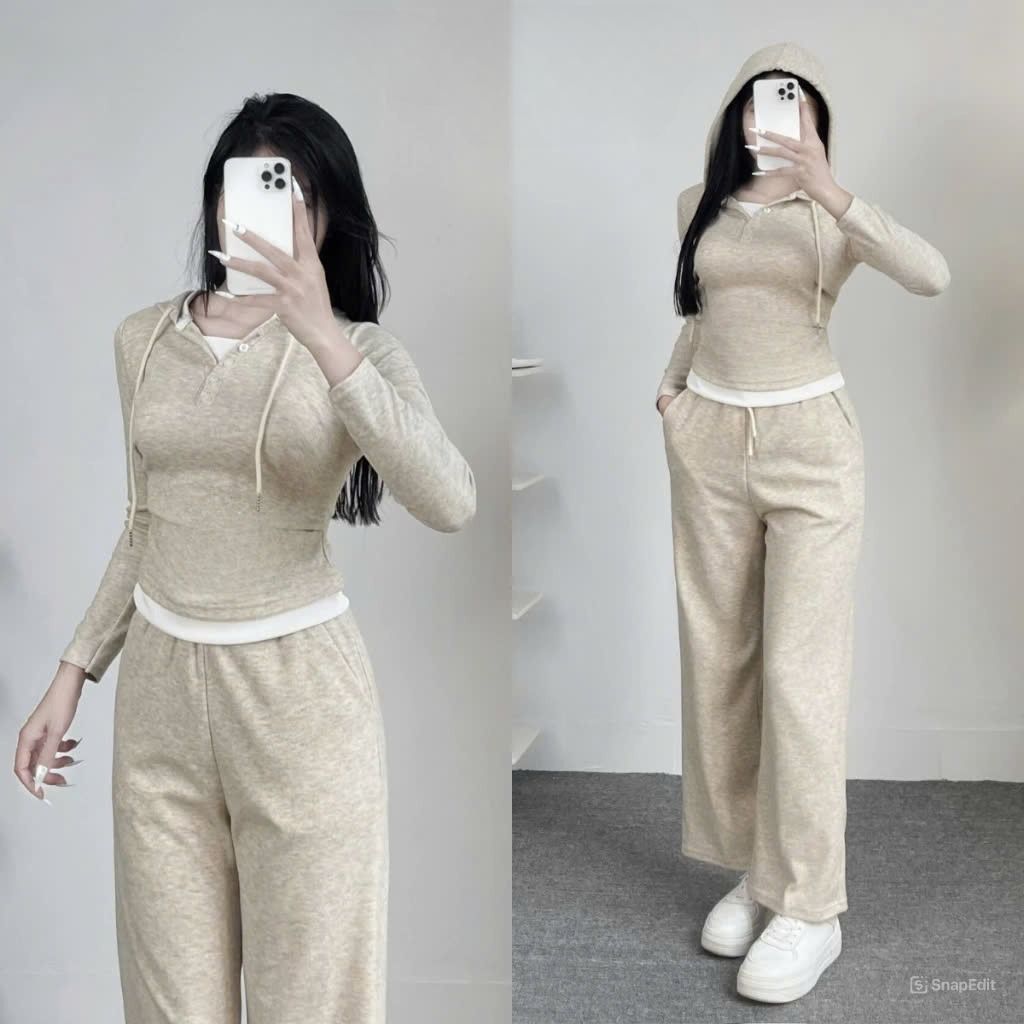 Bộ nỉ thu đông nữ phong cách basic năng động Jumito, bộ thu đông nữ áo nón dây kéo quần lưng cao dáng rộng hcom3222