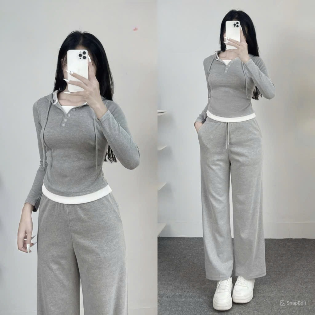Bộ nỉ thu đông nữ phong cách basic năng động Jumito, bộ thu đông nữ áo nón dây kéo quần lưng cao dáng rộng hcom3222
