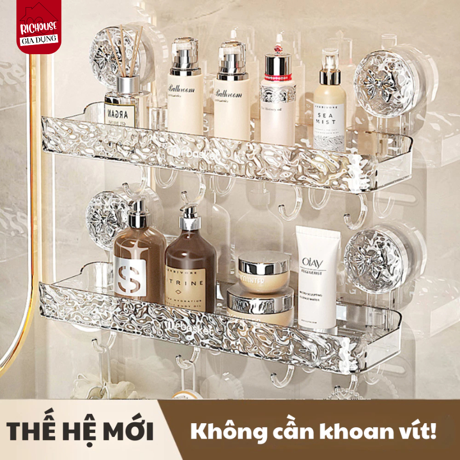 Kệ Để Đồ Nhà Tắm Có Cốc Hút Gắn Tường, Kệ Bếp Đa Năng Trong Suốt Chịu Lực Tốt Có Móc Treo Đồ Đi Kèm