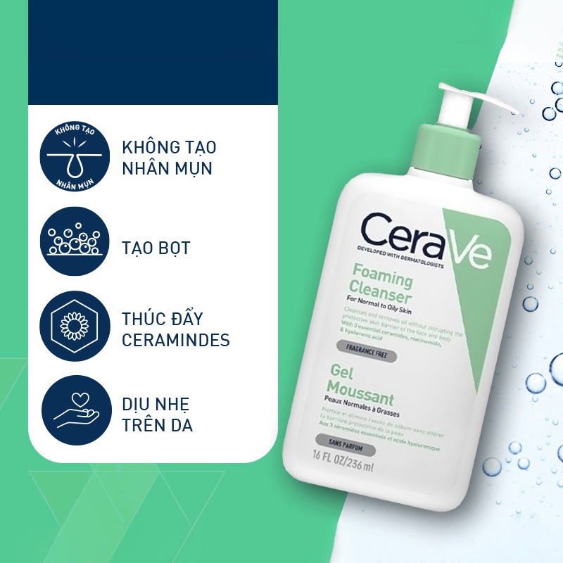 Sữa rửa mặt cerave dành cho da dầu và da thường chính hãng dung tích 236ml