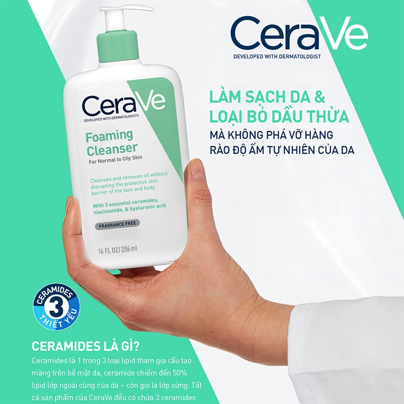 Sữa rửa mặt cerave dành cho da dầu và da thường chính hãng dung tích 236ml