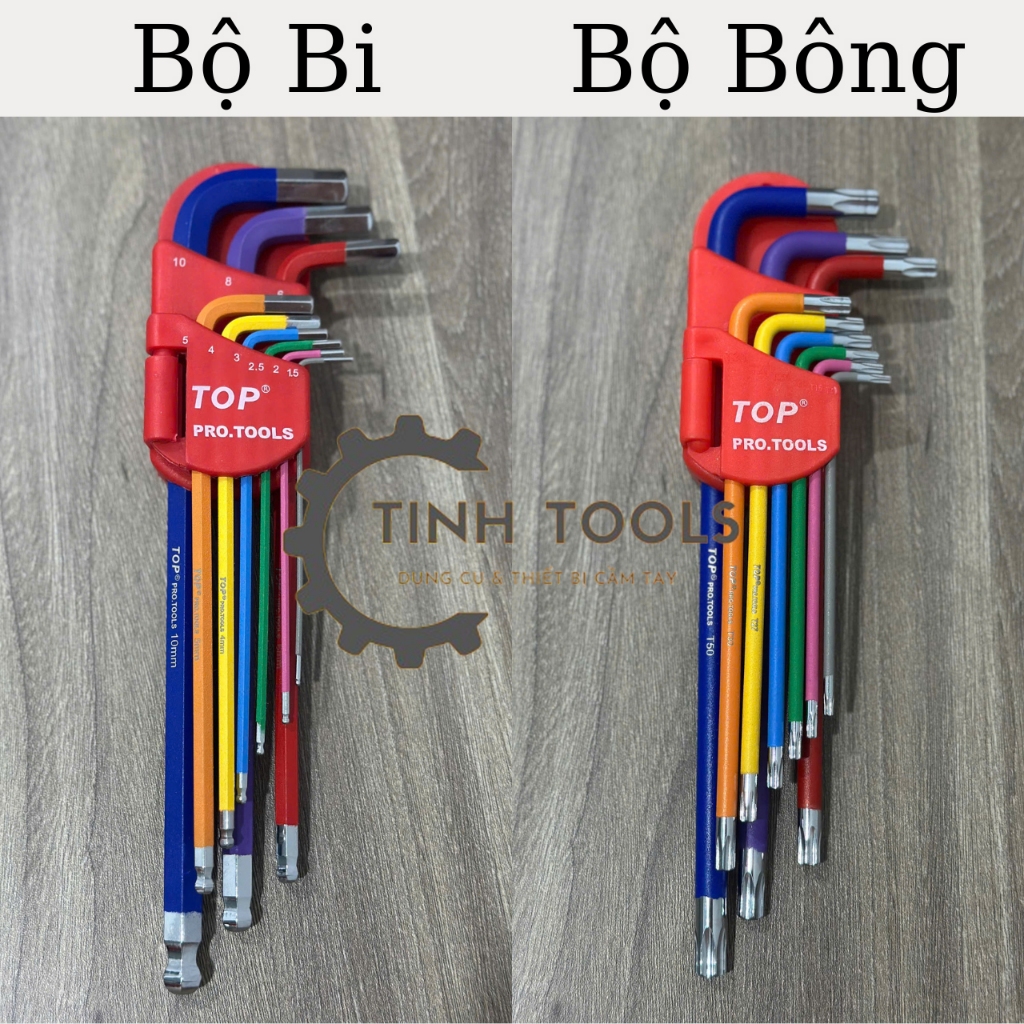 Bộ Lục Giác Top 9 Cây Đủ Màu, Đầu Bi Hệ Mét 1.5-10mm, Đầu Bông Hoa Thị T10-T50 Thép C60 Cao Cấp