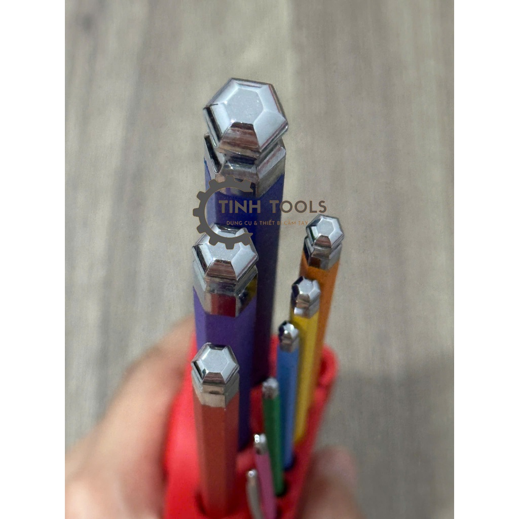 Bộ Lục Giác Top 9 Cây Đủ Màu, Đầu Bi Hệ Mét 1.5-10mm, Đầu Bông Hoa Thị T10-T50 Thép C60 Cao Cấp