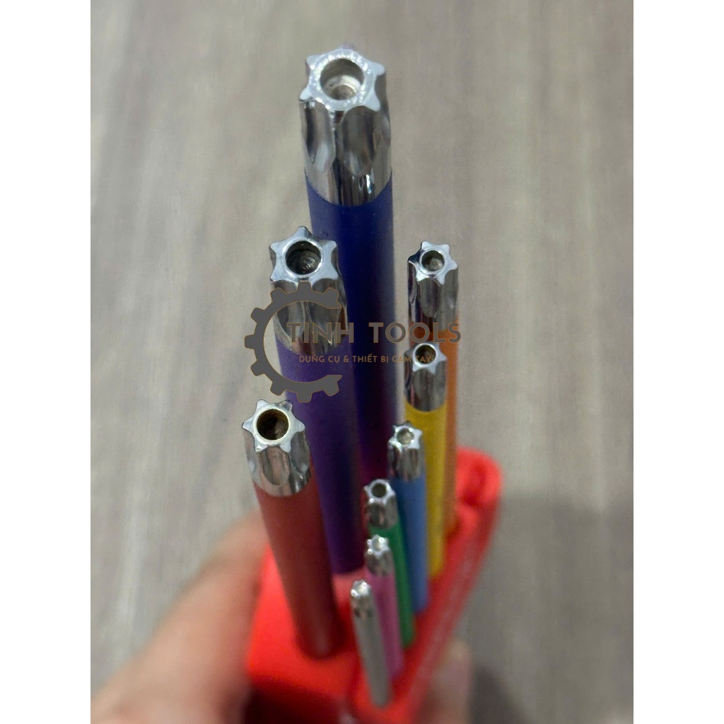 Bộ Lục Giác Top 9 Cây Đủ Màu, Đầu Bi Hệ Mét 1.5-10mm, Đầu Bông Hoa Thị T10-T50 Thép C60 Cao Cấp