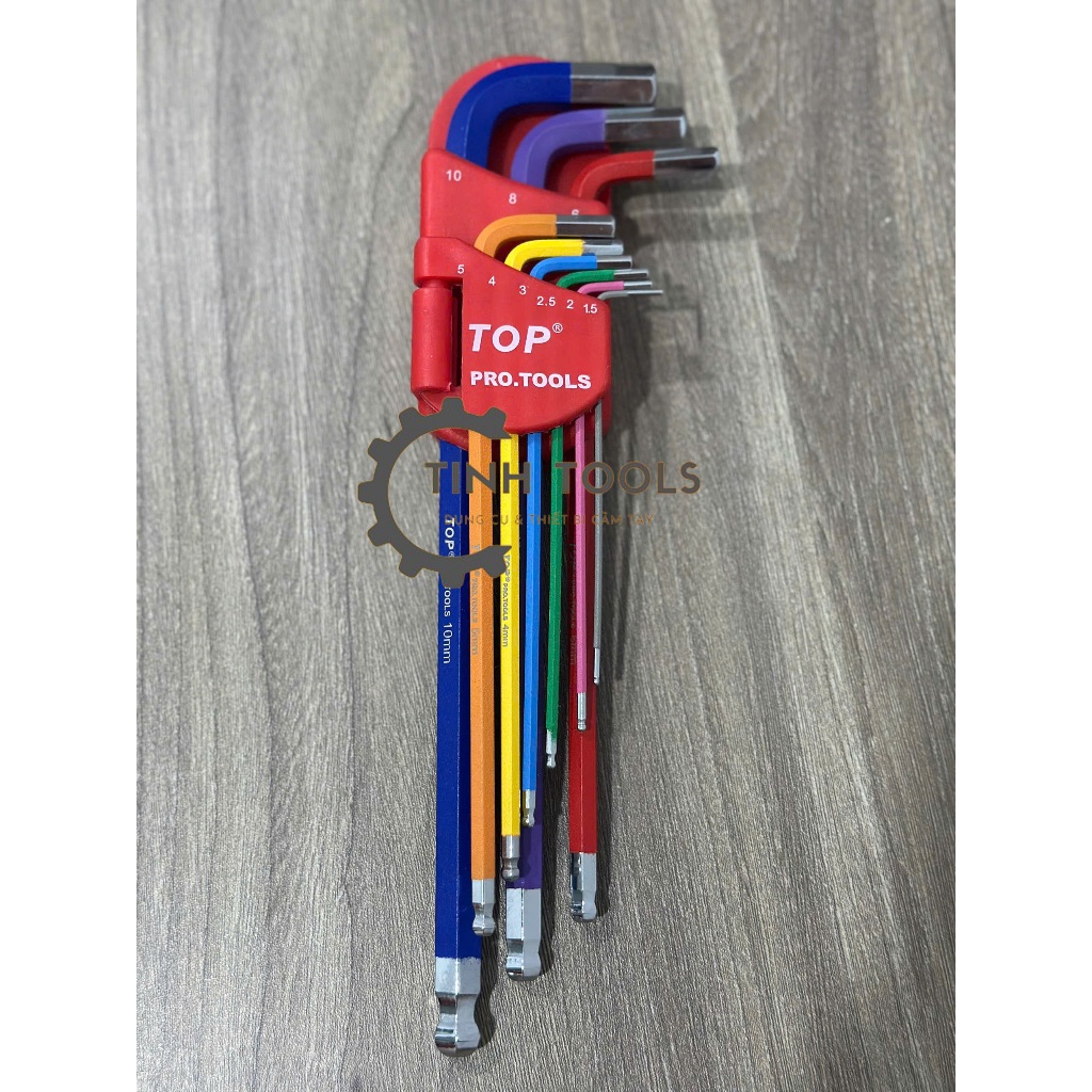 Bộ Lục Giác Top 9 Cây Đủ Màu, Đầu Bi Hệ Mét 1.5-10mm, Đầu Bông Hoa Thị T10-T50 Thép C60 Cao Cấp