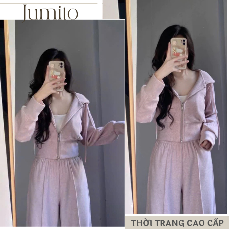 Bộ mặc nhà thu đông nữ áo khoác nỉ dài tay zip phối quần lưng cao Jumito, bộ thu đông nữ dáng suông trẻ trung hcom3188