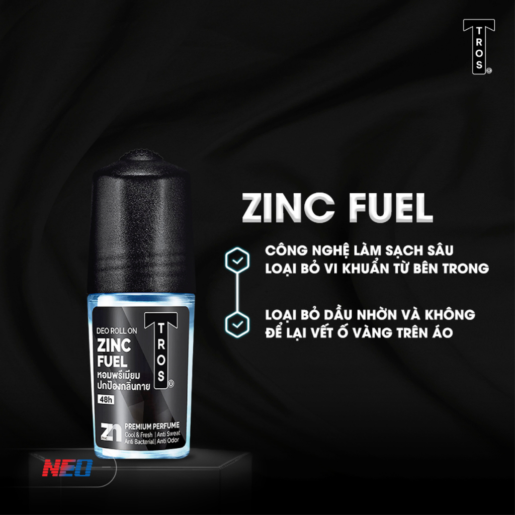 Lăn Khử Mùi Thái Lan TROS ZINC FUEL Ngăn Mùi Hiệu Quả, Khô Thoáng, Hương Nước Hoa Nam Tính 25ml & 45ml