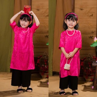 Áo dài cách tân cổ ngọc nơ cho bé gái, sét áo dài chất vải gấm + quần lụa mặc tết 2026 size đại 43kg DA01 - BEEKIDS