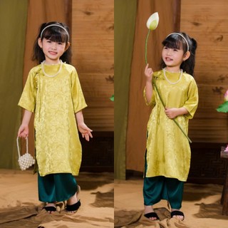 Áo dài cách tân cổ ngọc nơ cho bé gái, sét áo dài chất vải gấm + quần lụa mặc tết 2026 size đại 43kg DA01 - BEEKIDS