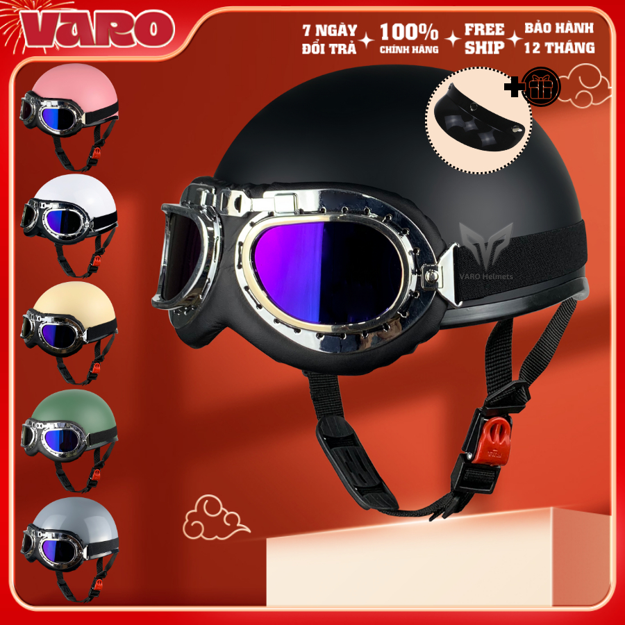 Product image [Tặng Lưỡi Trai] Mũ bảo hiểm nửa đầu VARO ép nhiệt viền lưới-Nón Phi Công Cao Cấp BAO ĐẬP BAO TEST 1