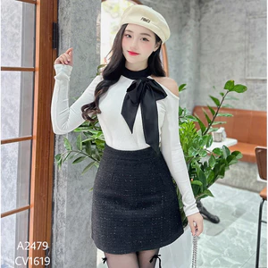 Áo len nữ pha cổ hở vai đính nơ style hàn quốc A2479 Kymie