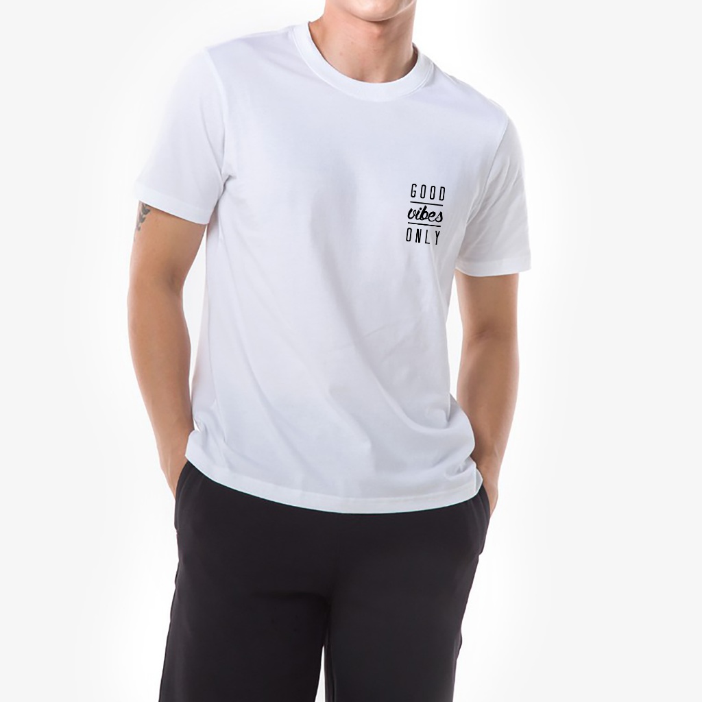 Áo thun trắng in hình Good Vibes Only co dãn thấm hút mồ hôi size 40-100kg form rộng Basetee Unisex